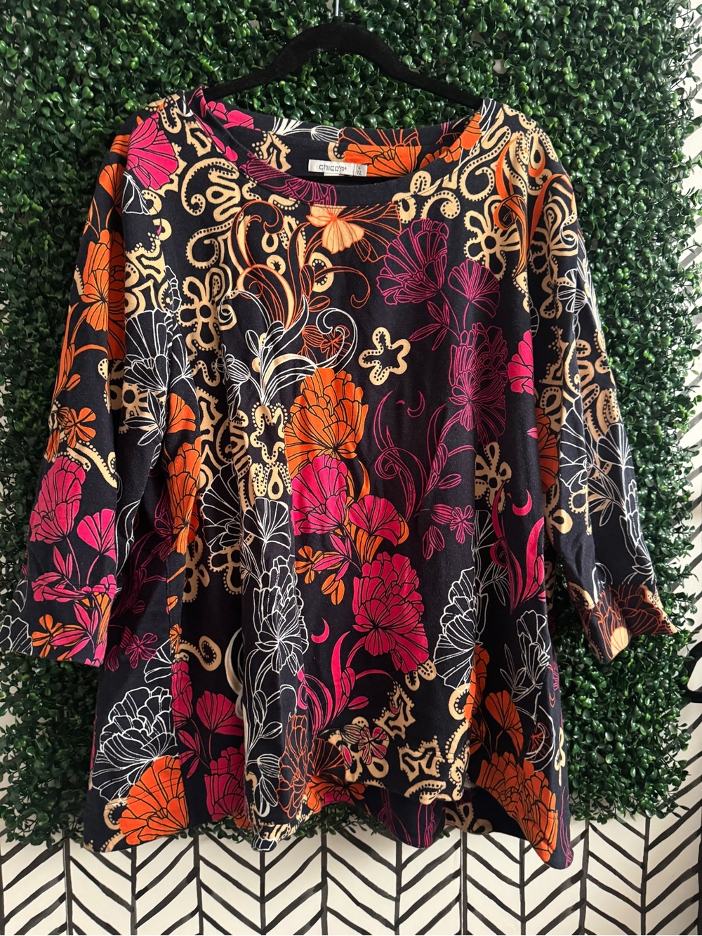 Chico's Black Floral Tunic Top - Pink & Orange Accents